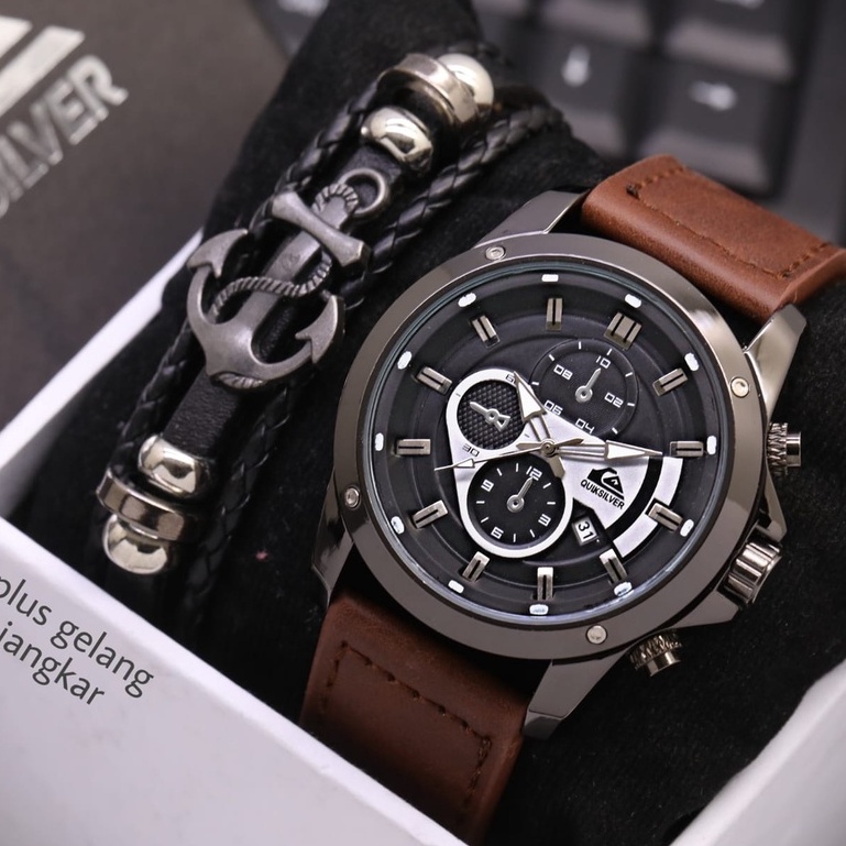 BEST SELLER JAM TANGAN PRIA QUIK SILVER FM115 TALI KULIT CHRONO HIASAN TANGGAL AKTIF DM 4.5CM FREE GELANG, BOX &amp; BATERAI CADANGAN || JAM TANGAN FASHION PRIA JAM COWOK QUIKSILVER QUIK SILVER