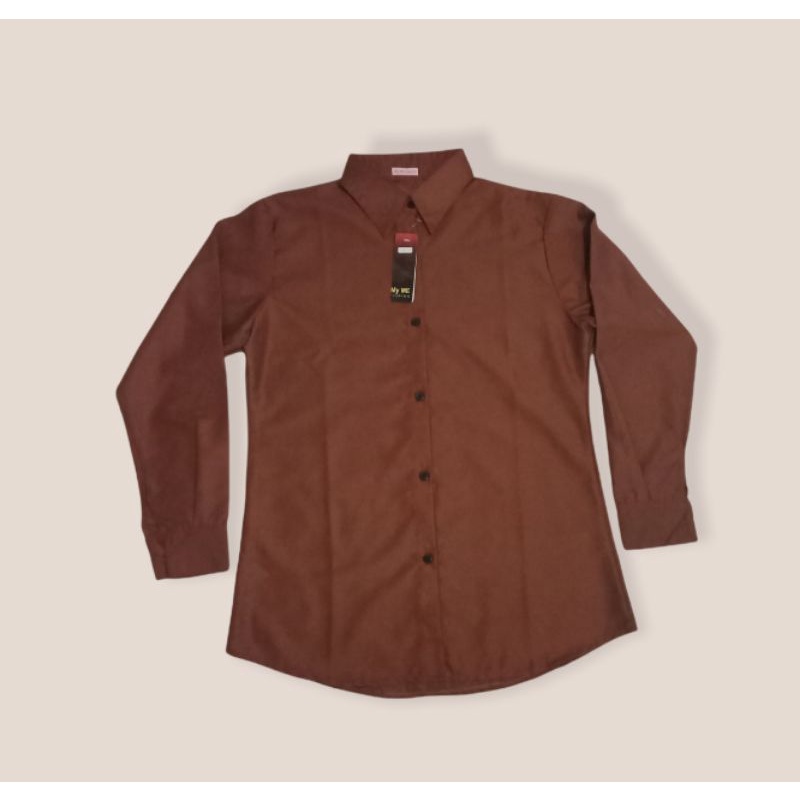 Kemeja Basic Toyobo Wanita Polos Lengan Panjang Model Terbaru  kekinian-Coklat muda