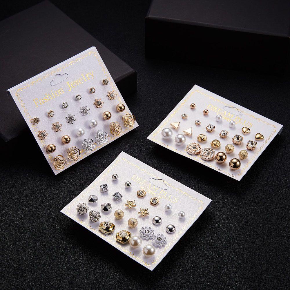 NEEDWAY Needway Stud Earrings Trendy Daun 12pasang /Set Anting Stud Mutiara Imulated Set Bintang Bunga Bola Drop Earrings