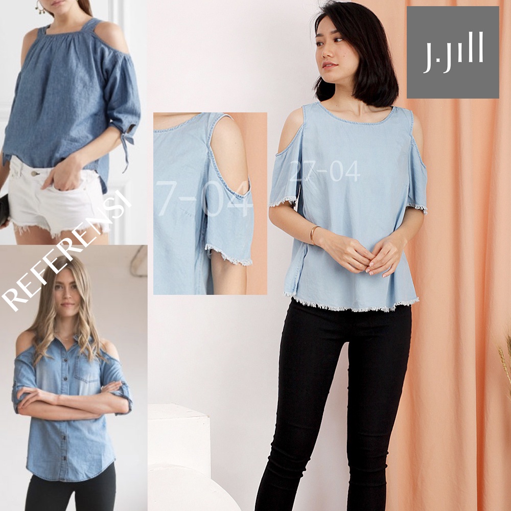 Blouse Wanita Lengan Panjang ColdShoulder Denim (JJL09 COLD FRINGE CHAMBRAY)-1
