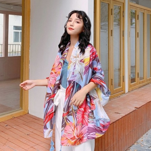 Syal Colorful Lebar Syal Bunga Cerah Kain Pantai Lebar Lucu Selendang Pashmina Import Bagus Besar-1
