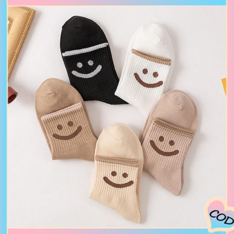 COD❤️ Kaus Kaki Wanita Mid-tube Cute Smiley College Style Kaus Kaki Trendi Musim Gugur Musim Dingin Musim Semi Musim Panas-A.one