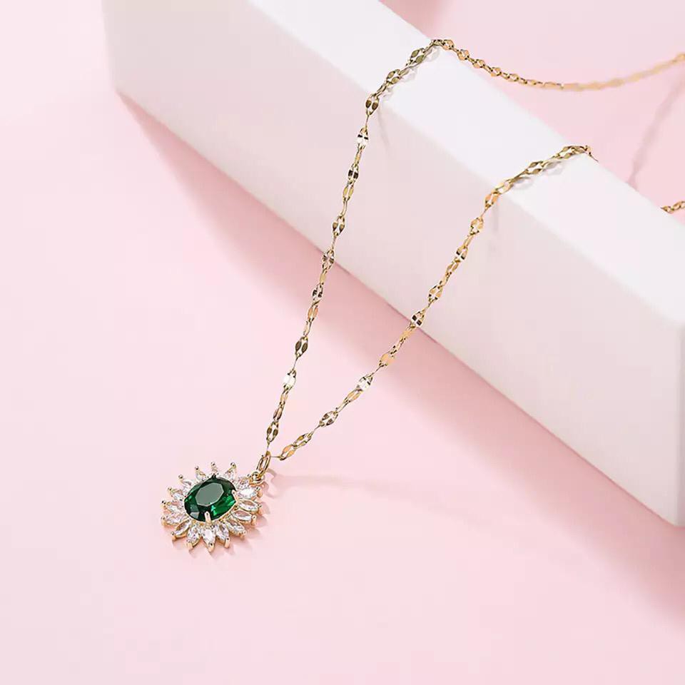 COD kalung fashion wanita titanium asli anti karat model green stone sunflower korea style