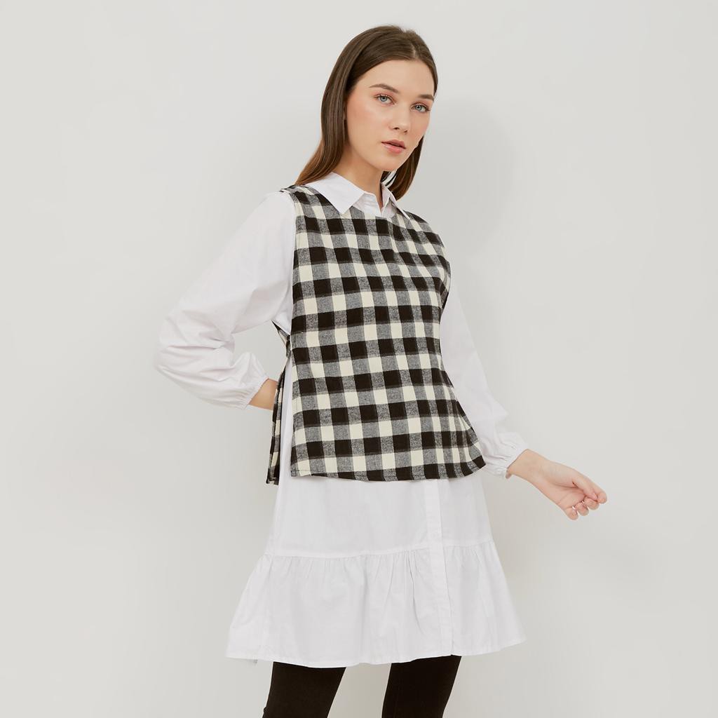 Kukky Top Atasan Wanita Terbaru Set Kemeja  Rompi  Kotak Flanel Korean Style  11886