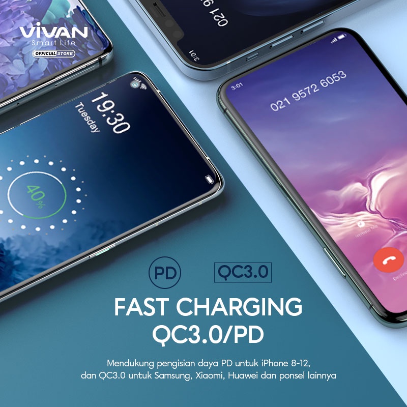 PowerBank VIVAN 20000mah VPB-W20 22.5W 3 Output Dual Input Port Type C &amp; Micro USB Original Fast Charging Quick Charging PD 3.0 QC 3.0 Real Capacity - Garansi Resmi 1 Tahun ORIGINAL