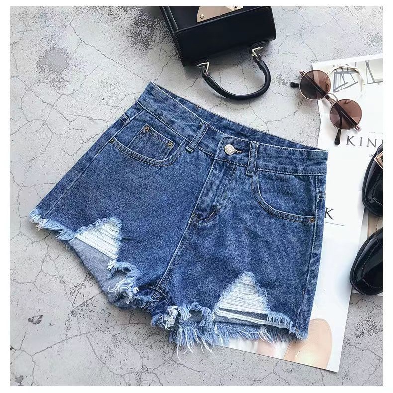 【Promo】Blue celana jeans pendek wanita hot pants jeans ripped kakinian dewasa high waist hitam santai cewek