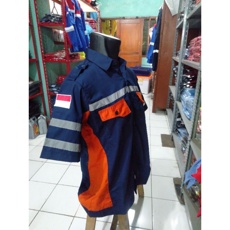 BAJU SAFETY SERAGAM LENGAN PENDEK FREE LOGO K3 BENDERA ORANYE DONGKER KANCING