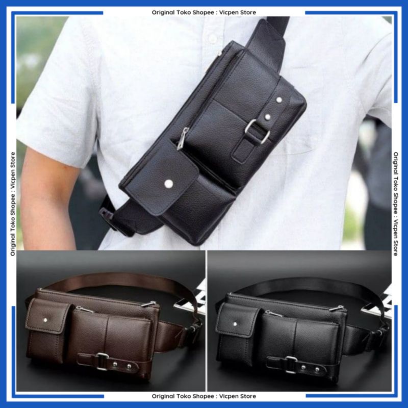 Tas Selempang Pria Kulit Waistbag Anti Air Sling Bag Pinggang Pria Kulit Sintetis Tebal Waterproof