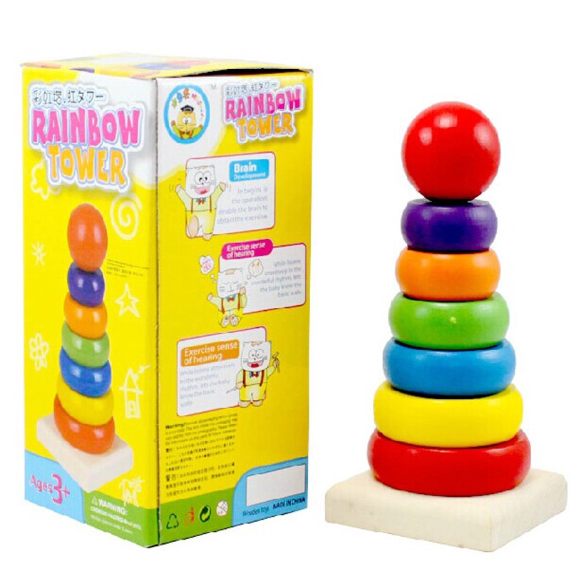 Mainan Edukasi Puzzle Ring Rainbow Tower Kayu Bulat Donat Untuk Anak 0-2 Tahun