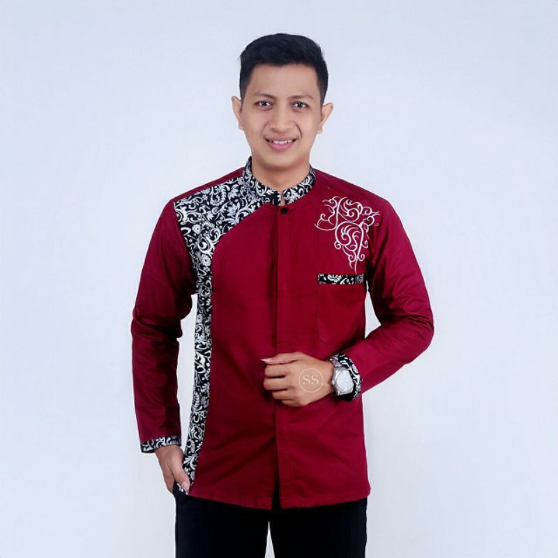 Baju Koko Batik Kekinian Lengan Panjang Kombinasi Koko Bordir Motif Batik Bahan Katun Oil Design Terbaru