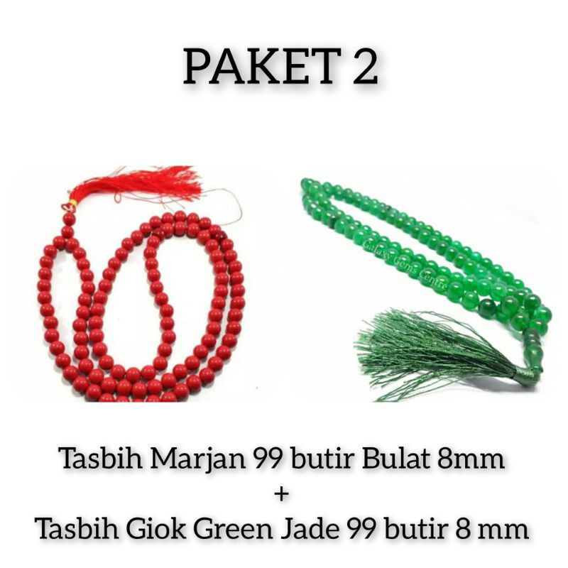 COD Paket 2 Tasbih Marjan 99 Butir & Tasbih Giok Green Jade 99 Butir 8 mm