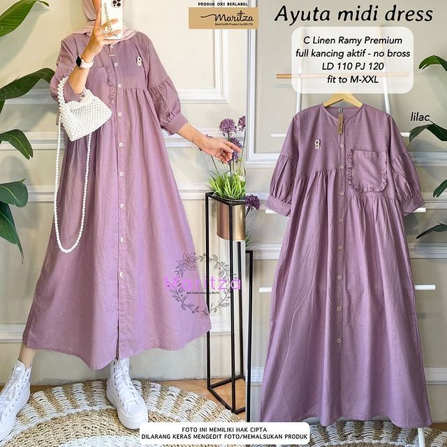 ayuta midi dress wanita dewasa terbaru kekinian_hits milenial // harga promo bahan Linen ramy premium fit to XL (7)