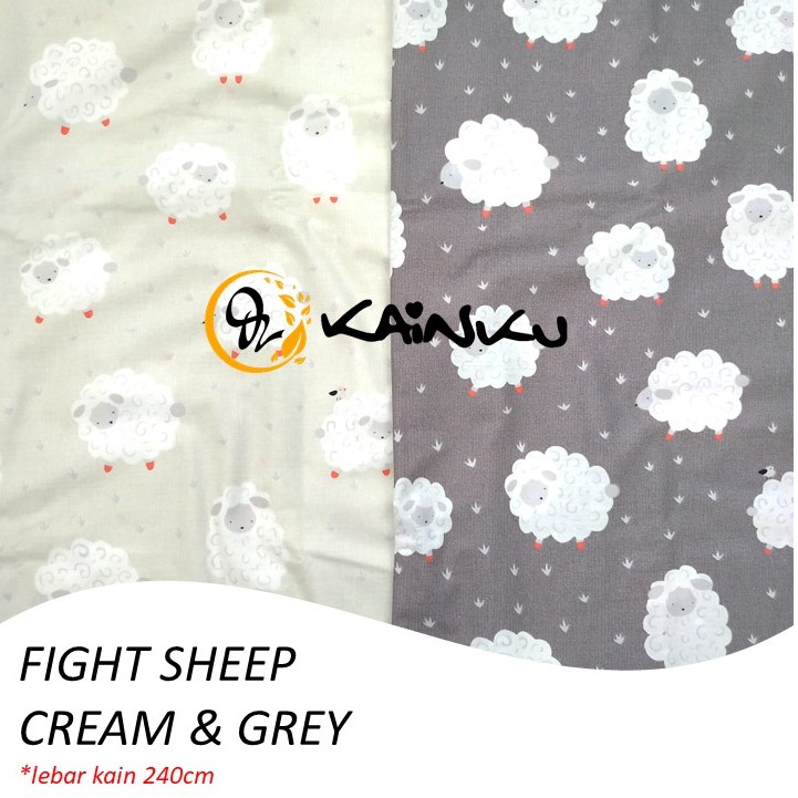 KAINKU - Kain Meteran Katun Lokal CVC &quot;FIGHT SHEEP CREAM DOMBA &amp; AMAZON BEAR&quot; (harga 1 meter)