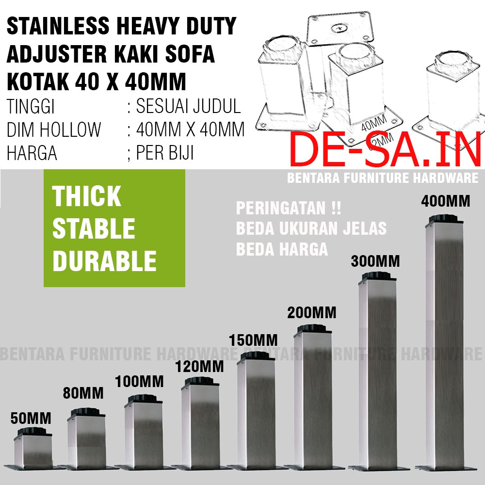 20 CM Kaki Meja Sofa 200MM (Hollow Kotak 40 x 40mm) High Quality Adjustable Stainless Steel Table Leg