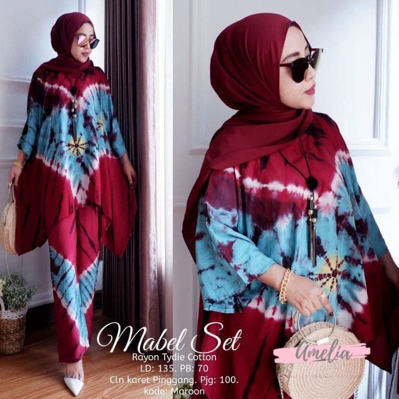 Mabel One Set Jumbo Rayon Tie Dye  Batik Premium Waka Waka Setelan Wanita Celana Panjang Set Bigsize LD 135 cm