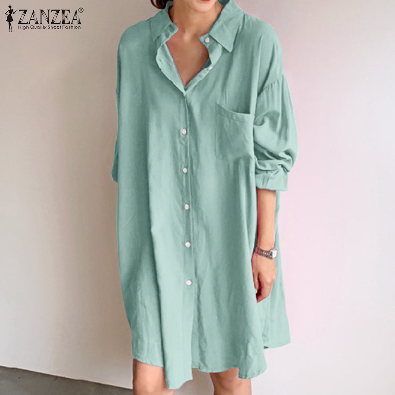 ZANZEA Women Fashion Turn-down Collar Long Sleeve Casual Shirts Loose Plain Blouse