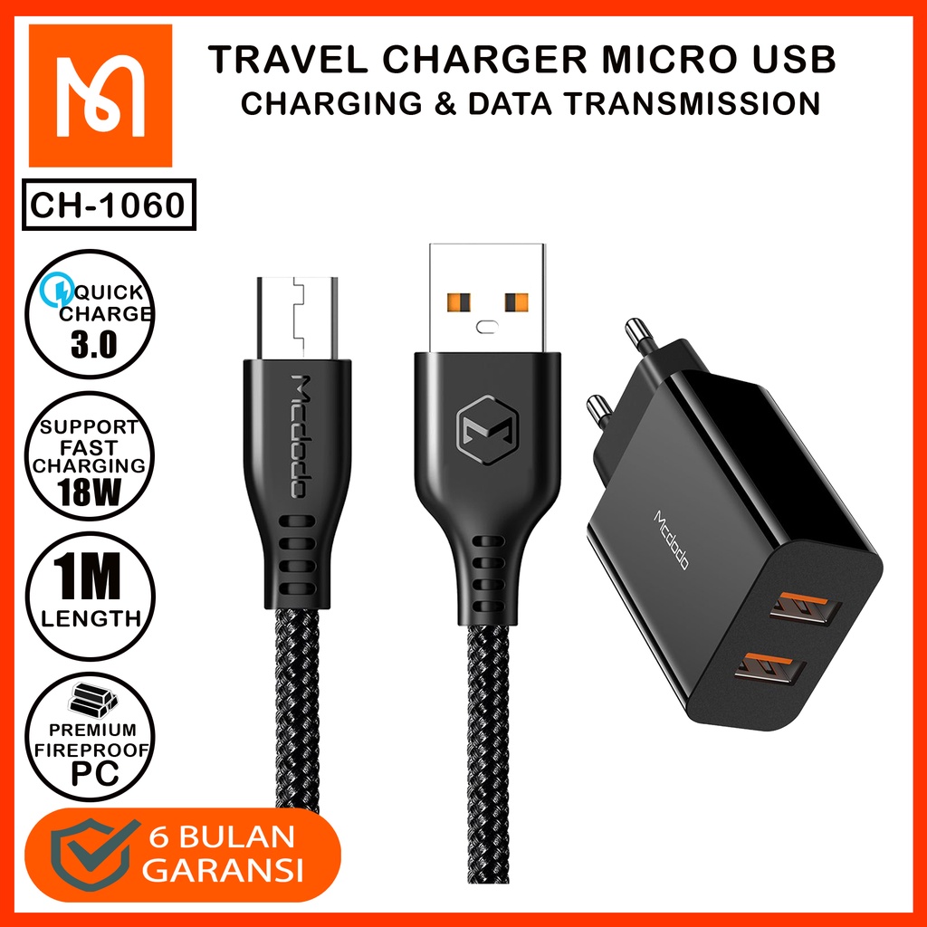 MCDODO Travel Charger Oppo A37 ,A39 ,A57 ,F1S Micro USB FAST Charge 10W / 2.1A-DUALPORT + KABEL 18W