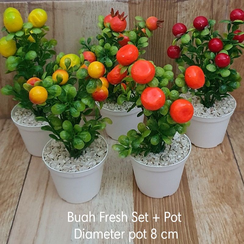 Buah Fresh / Hiasan Meja Bunga Plastik + Pot