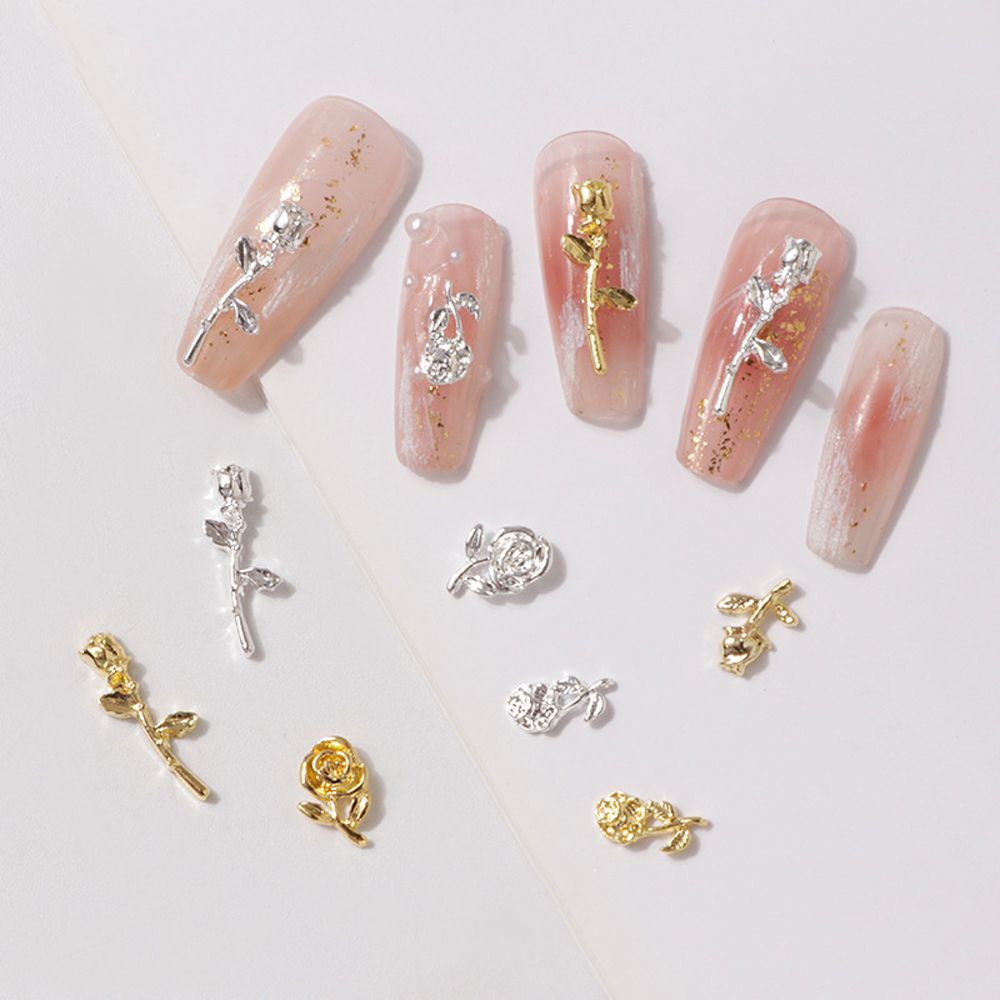 Mxbeauty 5pcs / Set Ornamen Bunga Mawar 3d Warna Silver / Gold Untuk Dekorasi Nail Art / Manicure Diy