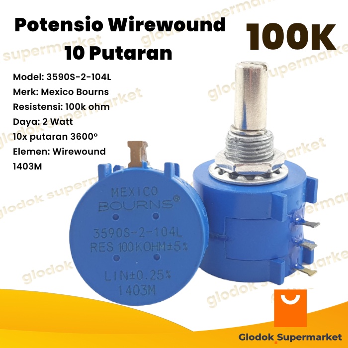 Potensio Wirewound 10 Putaran 100k Bourns Multiturn Presisi