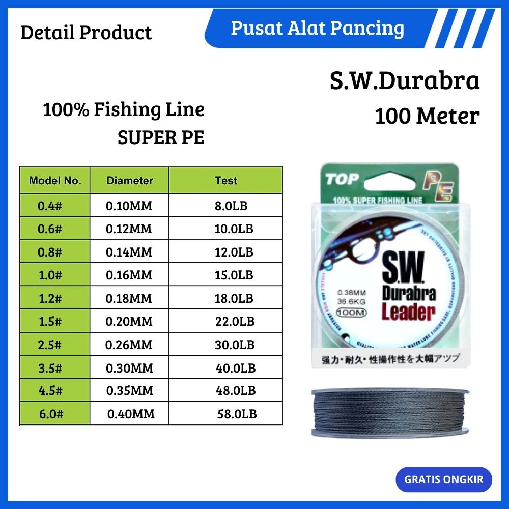 Senar Pancing SW Tali Pancing 100M Senar Pancing Fishing Line Strength 3.10kg-18.5kg Sangat kuat 100Meters Tali Pancing SW