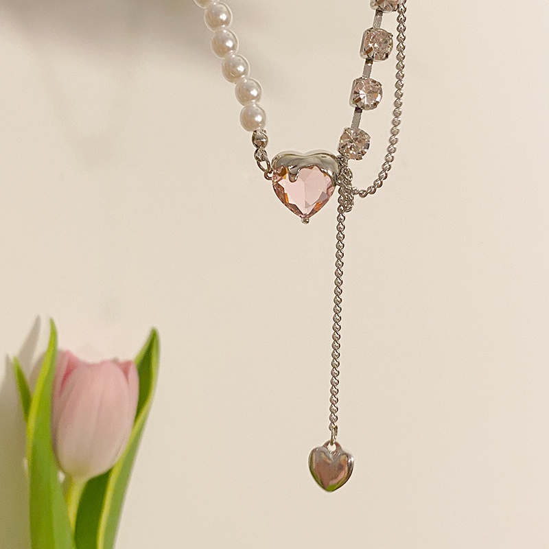 Love Pink Crystal Pendant Necklace Accessories Pearl Stitching Clavicle Chain Harajuku Korean Version