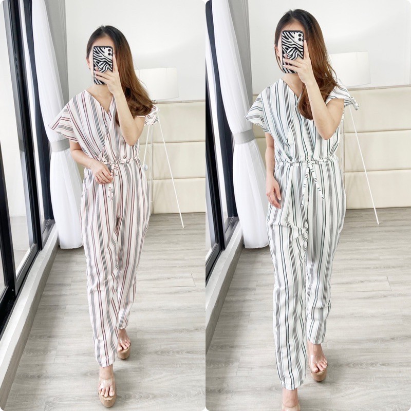 real pic jumpsuit wanita / jumpsuit rayon viscose/ stripe jumpsuit / jumpsuit vneck