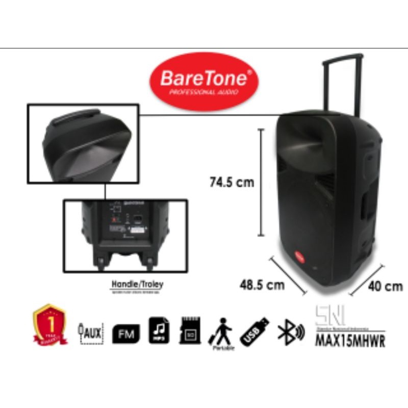 speaker portable baretone 15 inch mhwr aktif USB bluetooth wireless