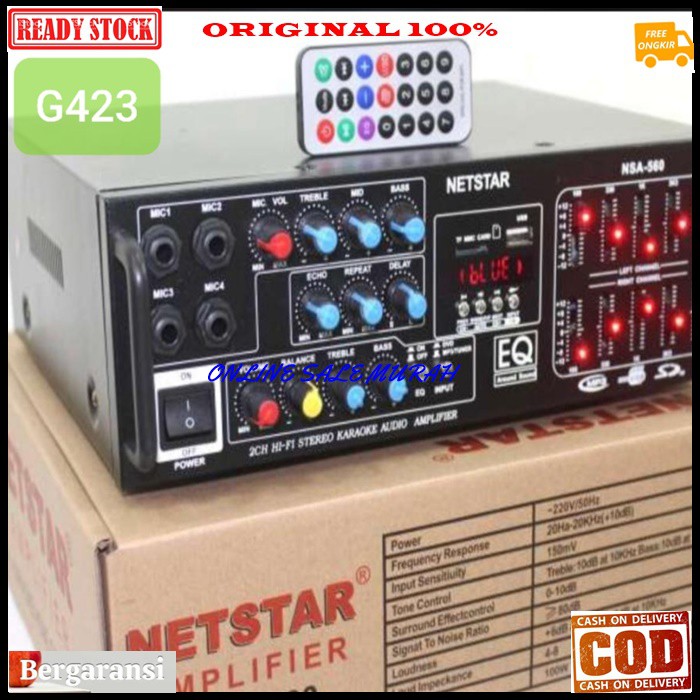 G423 Netstar digital echo mixer mixing power ampli bluetooth Amplifier bluetoot Equalizer bluetot karaoke blutut USB MP3 player audio sound system AC DC profesional pro aux dj vocal vokal 4 channel chanel radio  MAXSIMAL SPEAKER PASIF UKURAN BISA