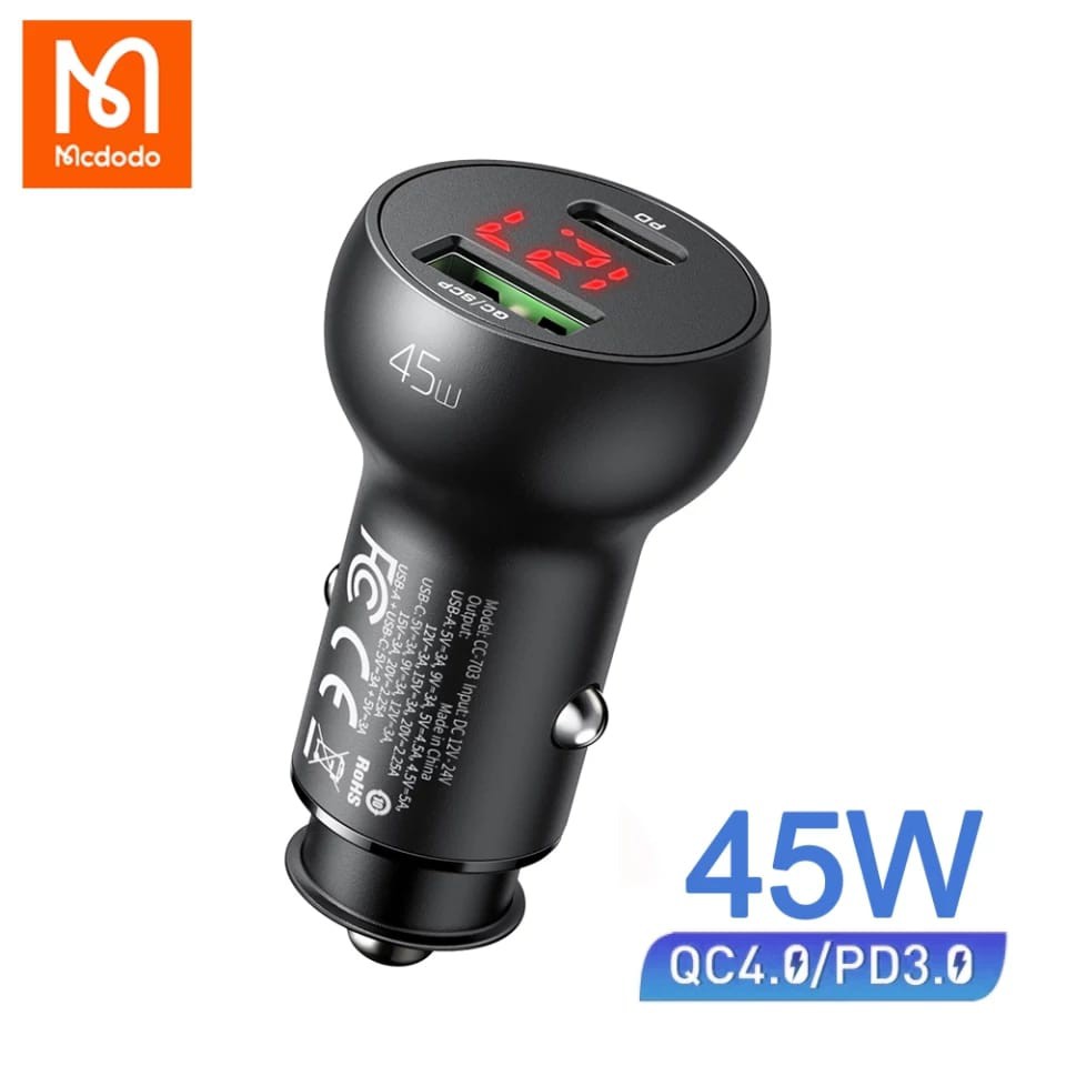 MCDODO Car Charger Usb + PD Digital Adaptor Fast Charging 45W CC-7030