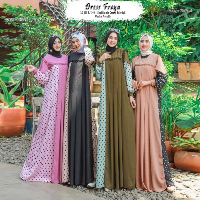 GAMIS POLKA SHAKILA MIX CERUTY HOMEDRESS LD 110 MAXI DRESS MOTIF SYARI