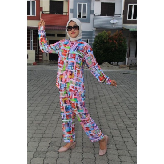 Baju Murah Setelan Wanita Model Terbaru Motif Abstrak Kekinian Zahara One Set Promo
