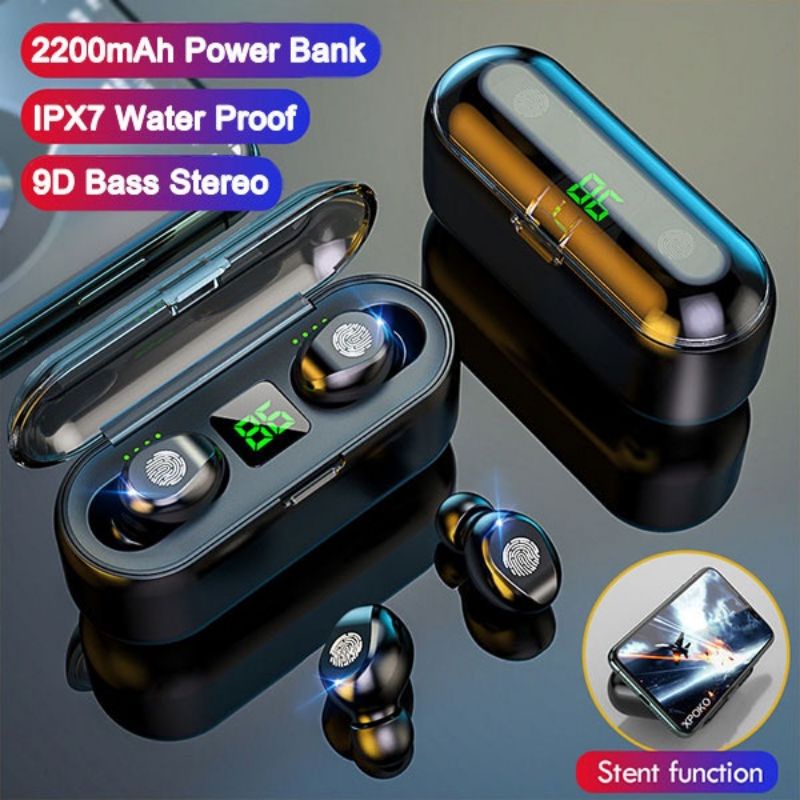 F9 Earphone Bluetooth Tws Nirkabel Power Bank 2200mAh Headphone Display Headset Bluetooth 5.0 Dengan Mikrofon Wireless Kontrol