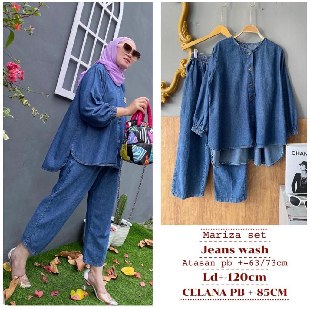 MARIZA SET TUNIK JEANS /set celana motif burberry