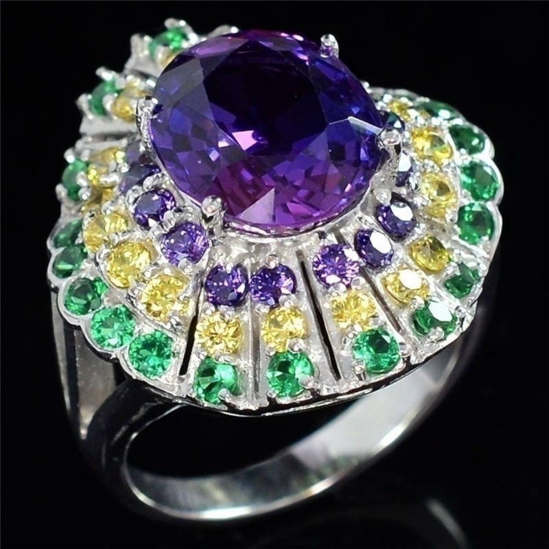 SeuSuk Natural Amethyst &amp; Topaz &amp; Emerald Wedding Birthstone Bride Fashion Ring