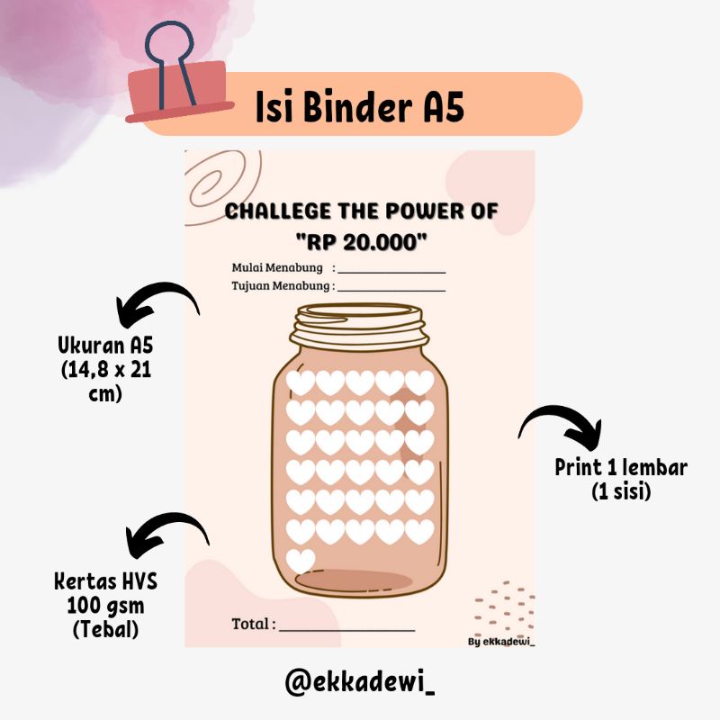 

Isi Binder A5 ring 20 Tantangan Menabung / Saving Challenge / Saving Goal 31 hari