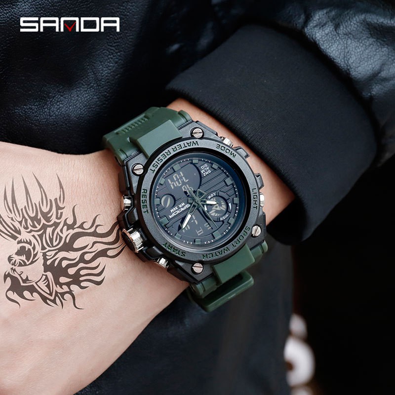 SANDA 739 Jam Tangan Pria Digital Analog Tali Rubber Chronograph Anti Air WATCHKITE WKOS