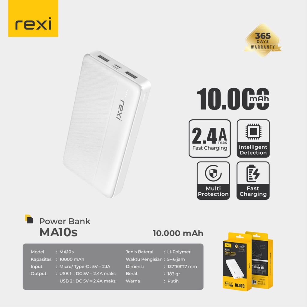 REXI POWERBANK 10.000 mAh dual USB &amp; Type C MA10s