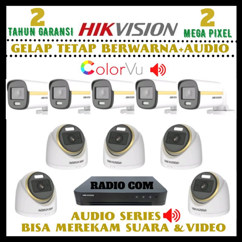 PAKET CCTV HIKVISION COLORVU 2MP 16 CHANNEL 10 KAMERA SIANG MALAM BERWARNA+AUDIO