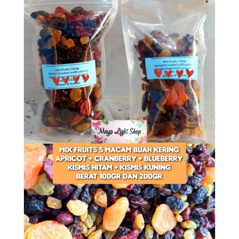 

mixfruits Driedfruit 100gr 200gr buah kering dryfruit manisan campuran almond super food buah kismis raisin cranberries apricot blueberry