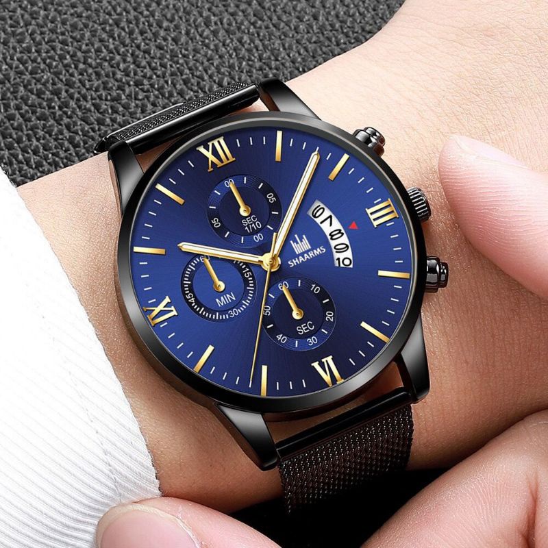 Jam Tangan Pria SHAARMS Kalender Stainless Steel tali pasir tipis Sempel