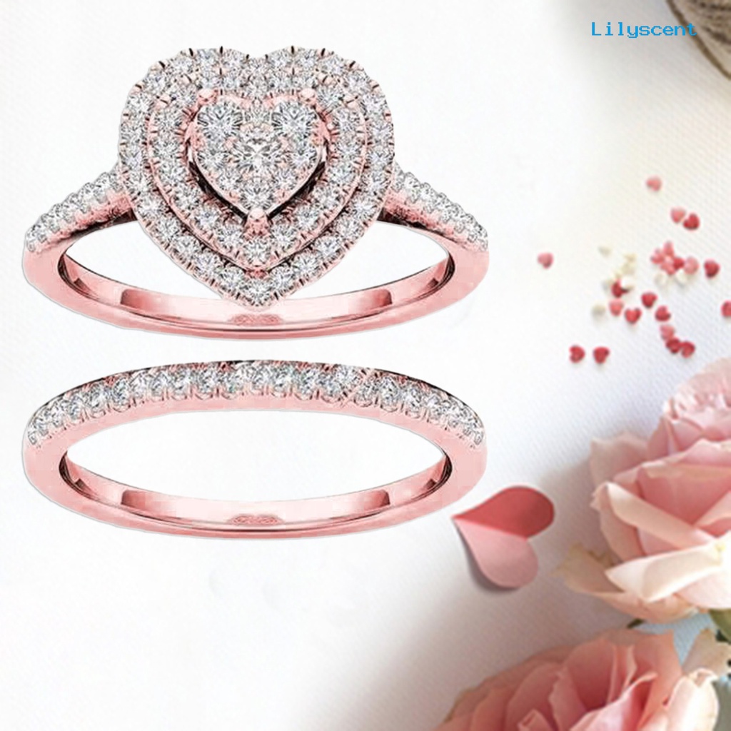 2pcs / Set Cincin Berlian Imitasi Bentuk Hati Bahan Alloy Untuk Pengantin Wanita