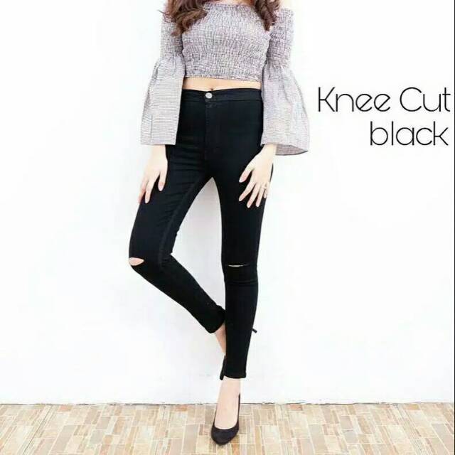 Hw jeans celana wanita sobek lutut hitam