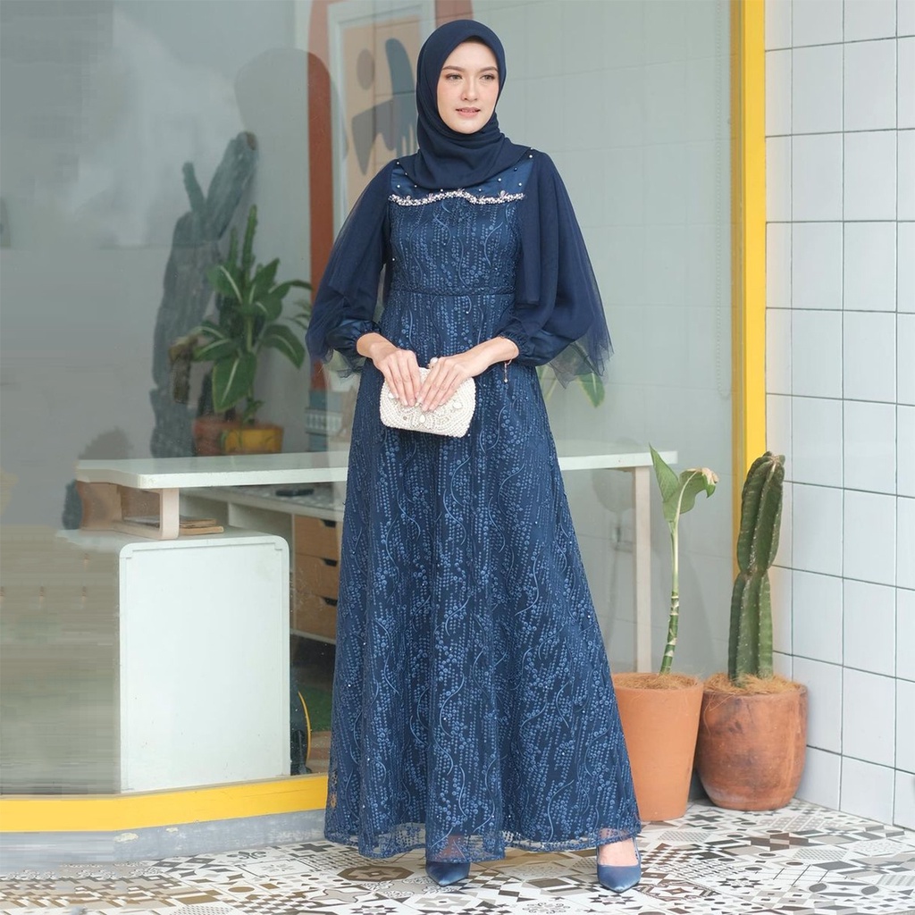 READY JUMBO DAN ALLSIZE | BISA COD MAXI DRESS GAMIS BROKAT LUNA DRESS BRUKAT TULLE KEKINIAN OUTFIT PESTA SERAGAM BRIDESMAID GAMIS BROKAT TILLE DRESS KONDANGAN GAMIS LEBARAN-NAVY