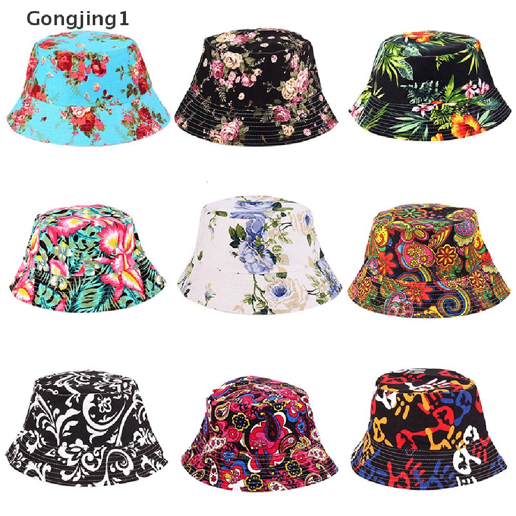 Gongjing1 Topi Bucket Pria / Wanita Motif Bunga Untuk Hunting / Memancing / Outdoor