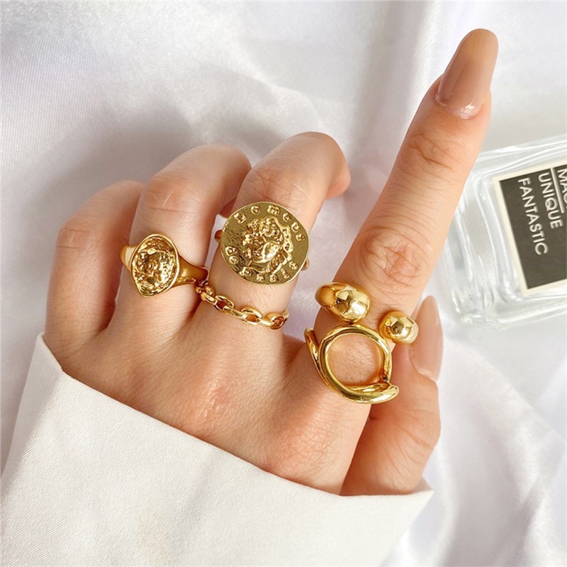 COD❤5 Pcs/1Set Cincin Emas punk Aneka Bentuk Gaya Retro Korea Untuk Wanita Tri
