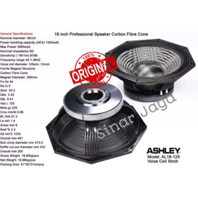 Speaker Komponent 18 inch Carbon Fibre Cone ASHLEY AL 18 125 ORIGINAL