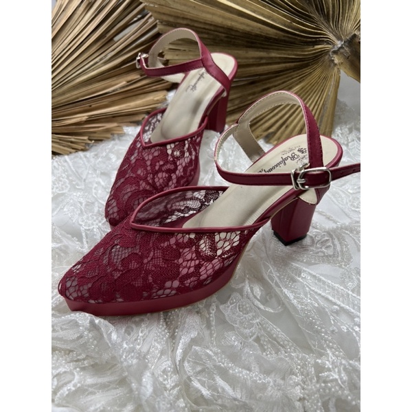 Rafaizoutfit sepatu alummi merah marron tali sepatu wedding heels tinggi 9cm tahu