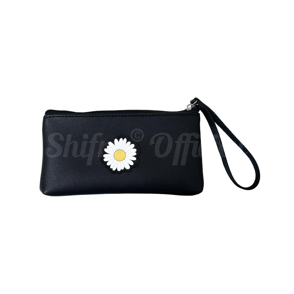 Shifra Tempat HP Mika Pouch Kosmetik Dengan Tempat Kartu Motif Bunga Daisy Black Pink