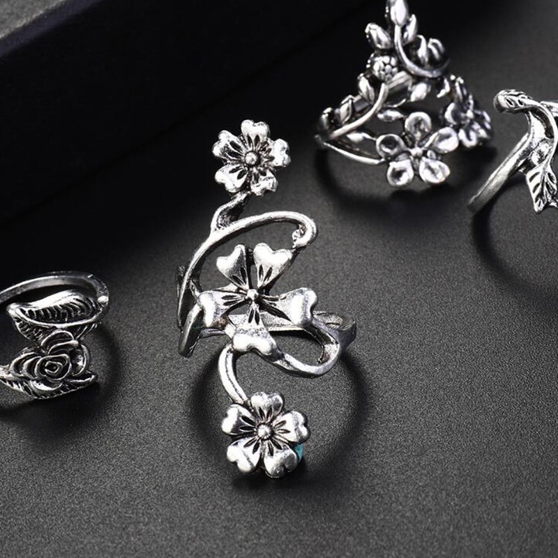 Hbid 4pcs / Set Cincin Silver Antik Vintage Bohemia Desain Bunga Mawar Untuk Wanita